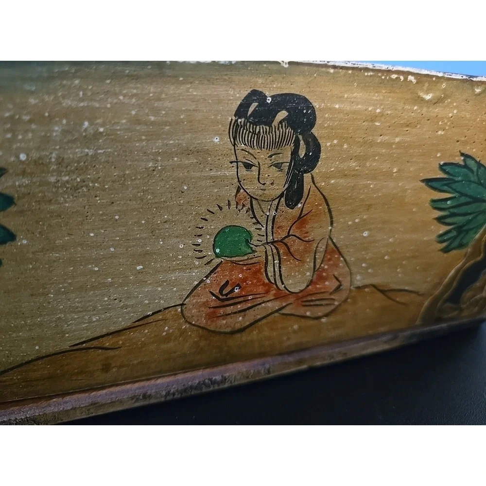 Antique Large Hexagonal Wooden Box Asian Hand Painted 6 Inside Compartments Rare